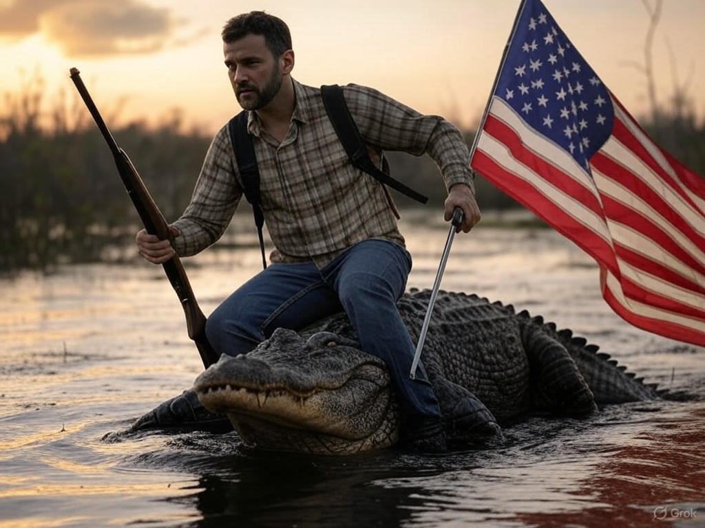 florida's law banning openly carrying firearms is unconstitutional. man riding alligator while holding rifle and american flag.