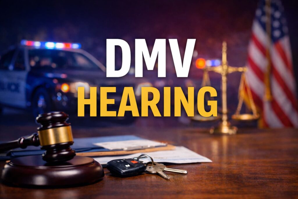 DMV hearing scene showing legal documents, car keys, gavel, and police lights related to Florida DUI license suspension