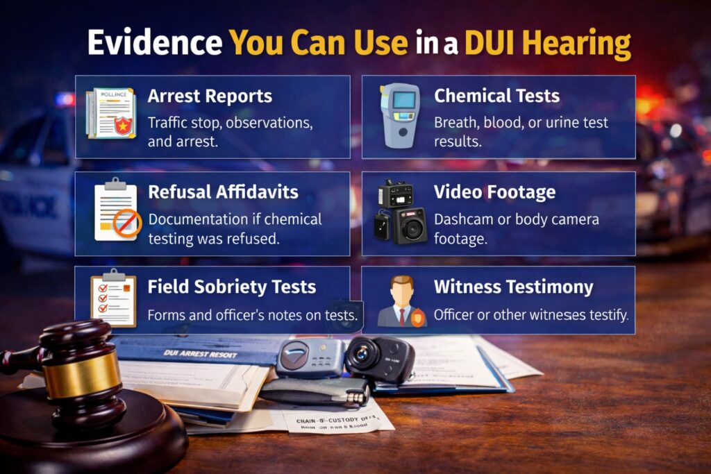 Evidence used in a Florida DUI DMV hearing including arrest reports, chemical test results, video footage, and witness testimony