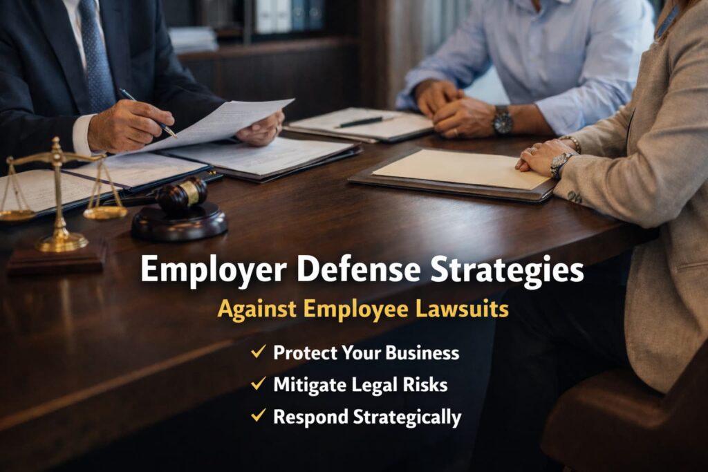 Employer defense strategies against employee lawsuits with legal documents, gavel, and business professionals in a workplace meeting