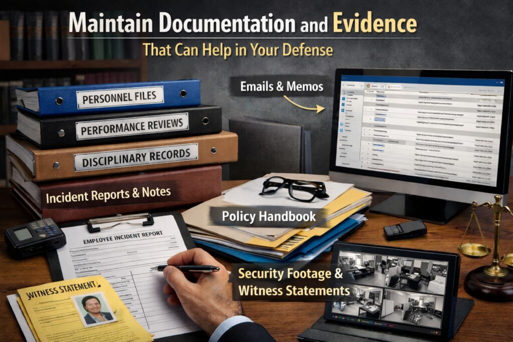Employer maintaining documentation and evidence, including personnel files, performance reviews, emails, and security footage, to defend against employee lawsuits.