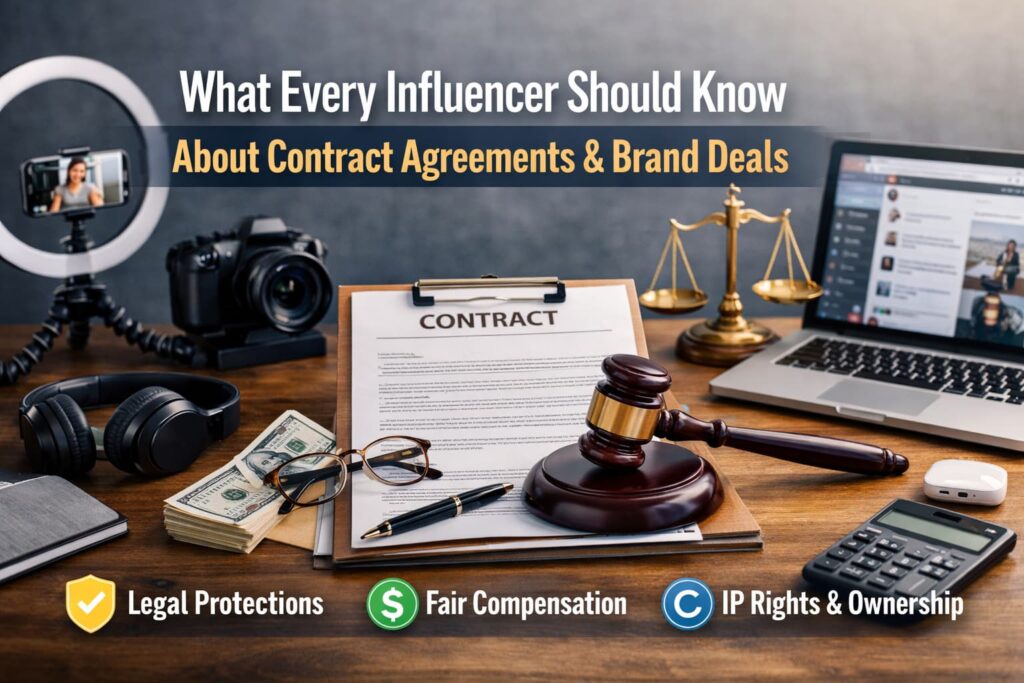 What Every Influencer Should Know About Contract Agreements and Brand Deals Influencer contract agreements and brand deals illustrated with camera, legal documents, and business tools on a professional workspace