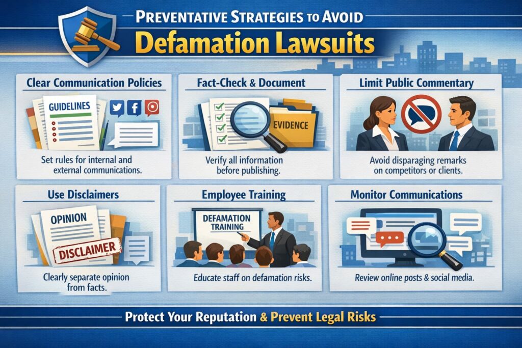 Preventative strategies infographic showing how businesses can avoid defamation lawsuits through clear communication, fact-checking, training, and monitoring.