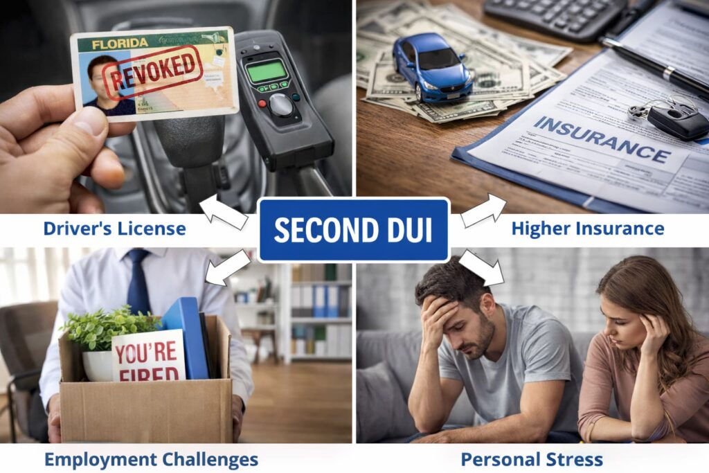 Other consequences of a second DUI conviction in Florida including license revocation, higher insurance rates, job loss, and personal stress