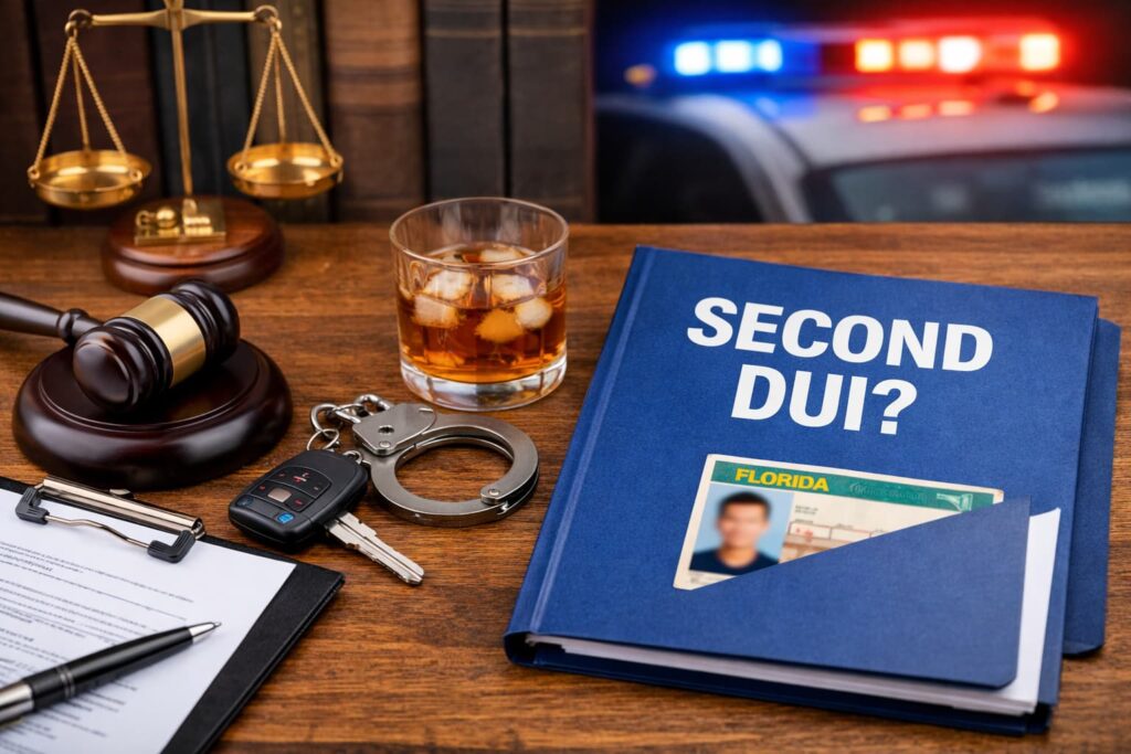 Second DUI in Florida legal consequences shown with gavel, car keys, and DUI case file on a law office desk