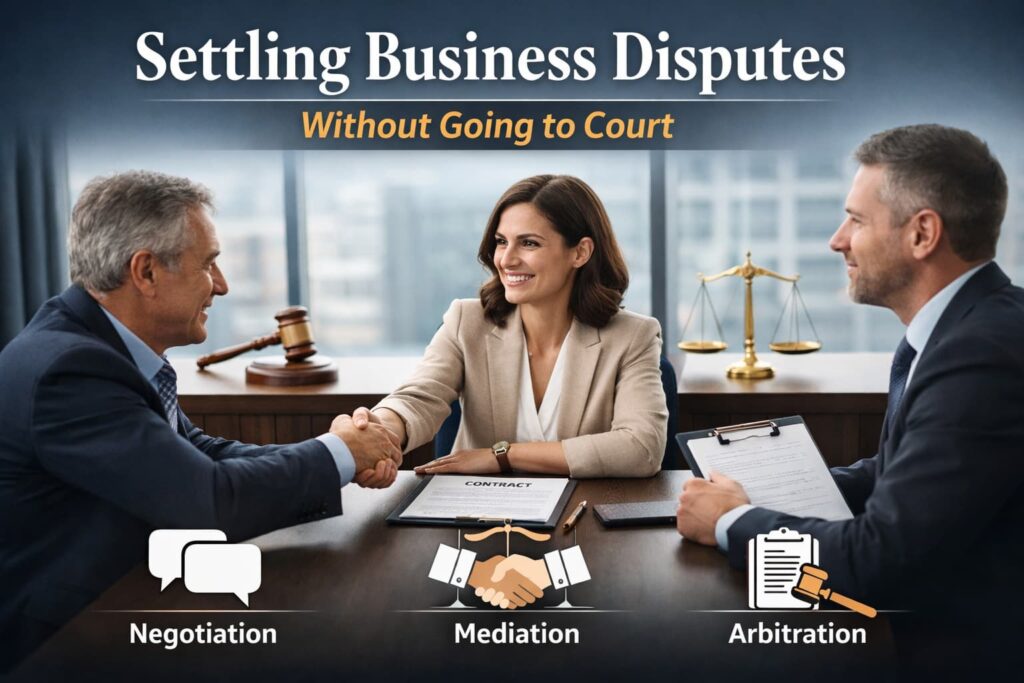 Business professionals resolving a business dispute through negotiation and mediation instead of going to court