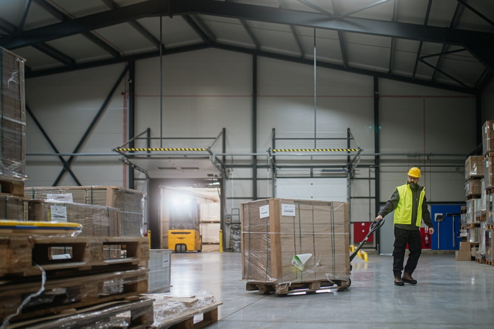Warehouse worker moving pallet representing nonconforming goods in a Florida supplier dispute